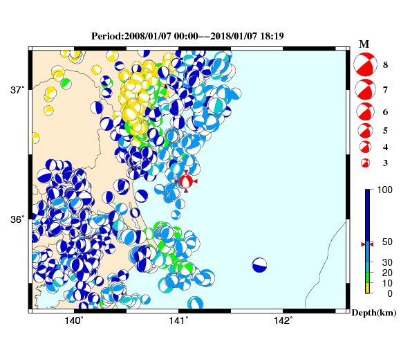 過去に起きた地震の初動発震機構解