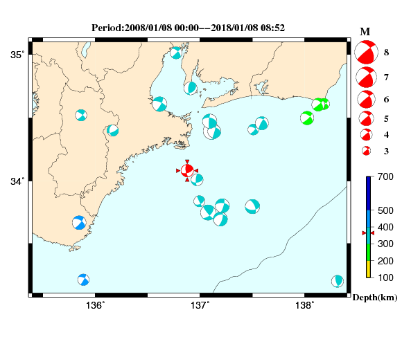 過去に起きた地震の初動発震機構解