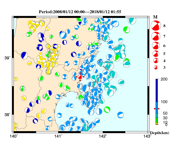 過去に起きた地震の初動発震機構解