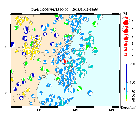 過去に起きた地震の初動発震機構解