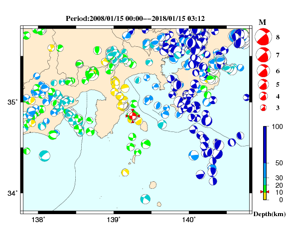 過去に起きた地震の初動発震機構解