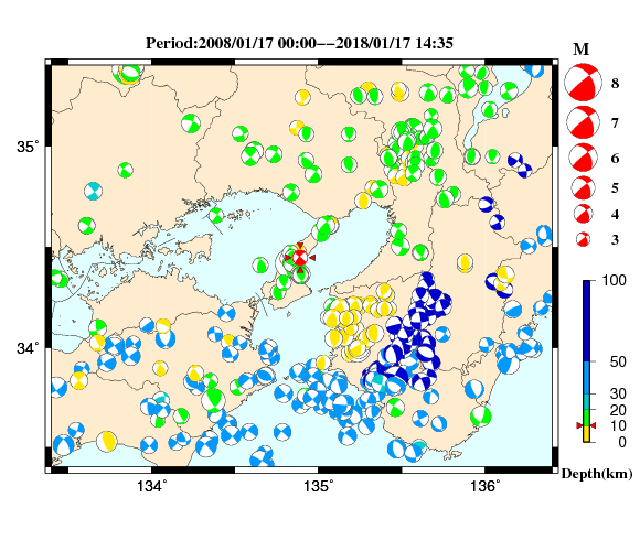 過去に起きた地震の初動発震機構解