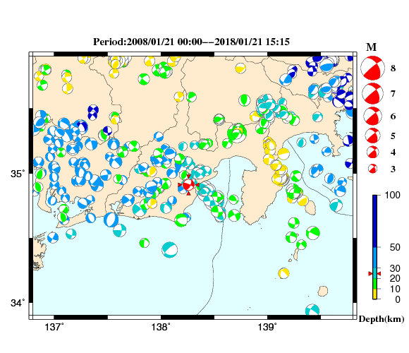 過去に起きた地震の初動発震機構解