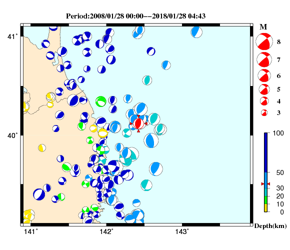 過去に起きた地震の初動発震機構解