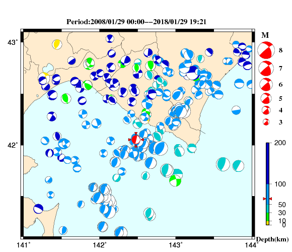 過去に起きた地震の初動発震機構解