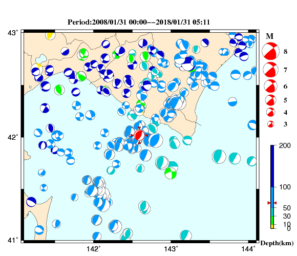 過去に起きた地震の初動発震機構解