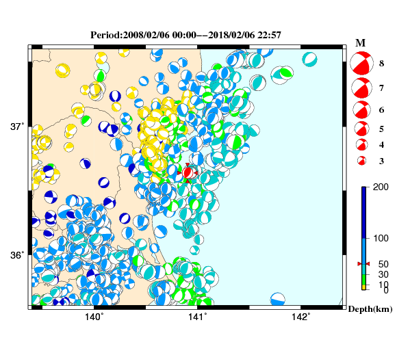 過去に起きた地震の初動発震機構解