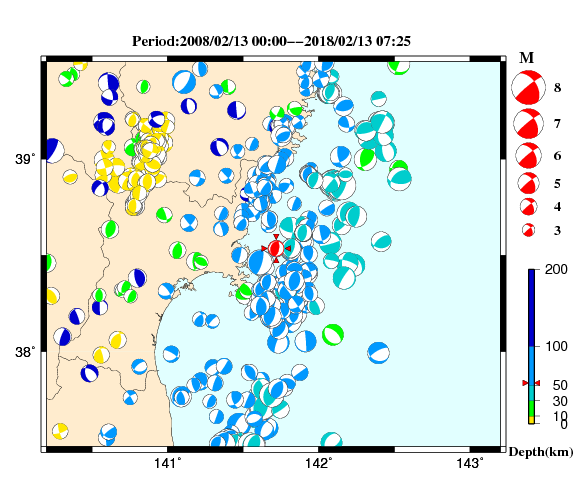 過去に起きた地震の初動発震機構解