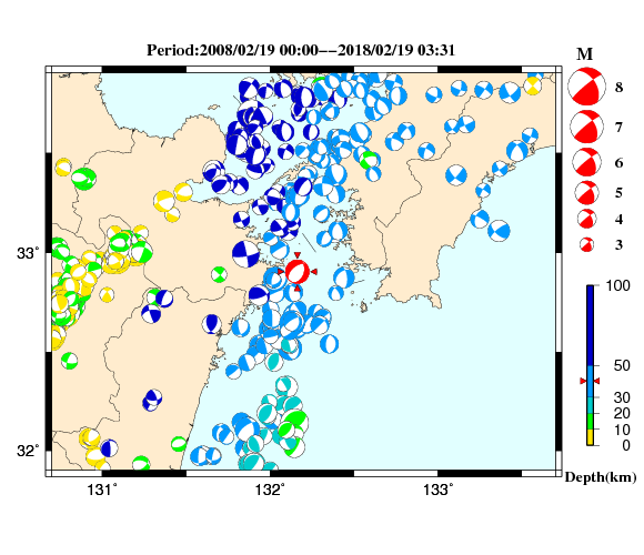 過去に起きた地震の初動発震機構解