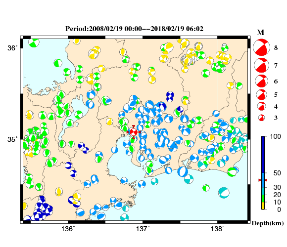 過去に起きた地震の初動発震機構解