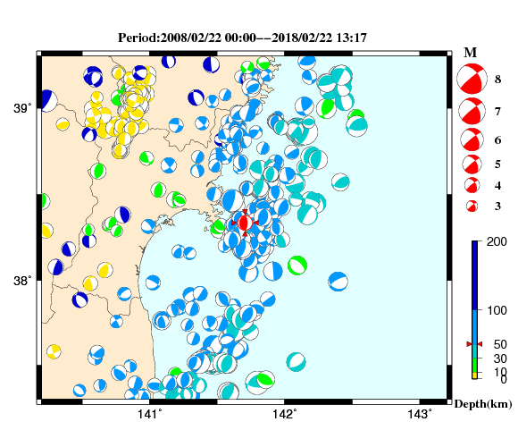 過去に起きた地震の初動発震機構解