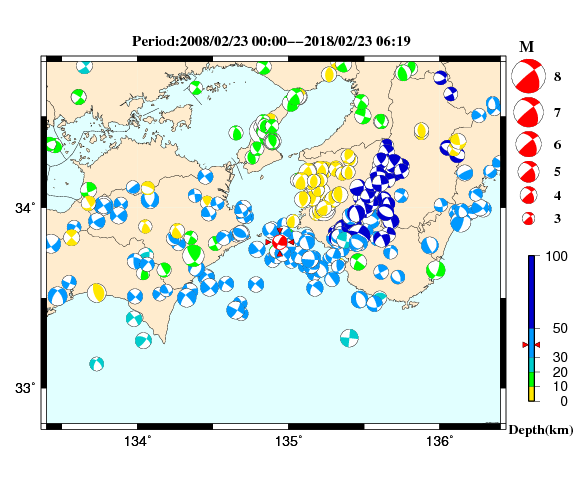 過去に起きた地震の初動発震機構解