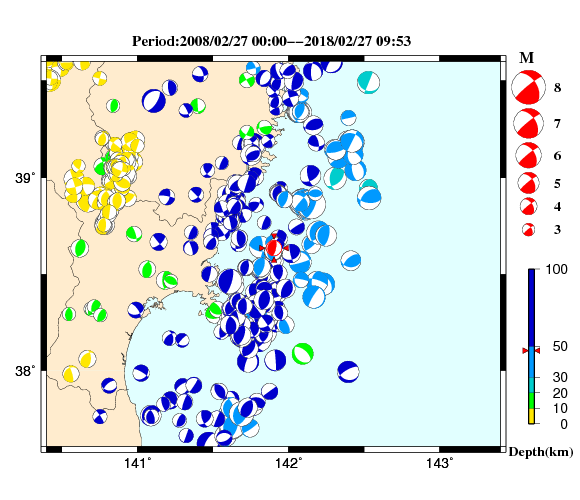 過去に起きた地震の初動発震機構解
