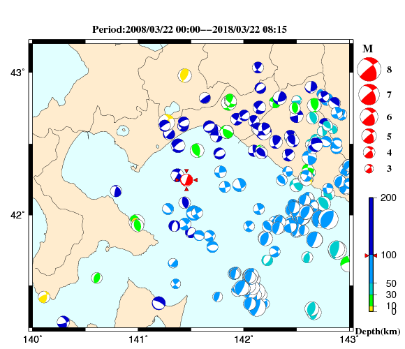 過去に起きた地震の初動発震機構解