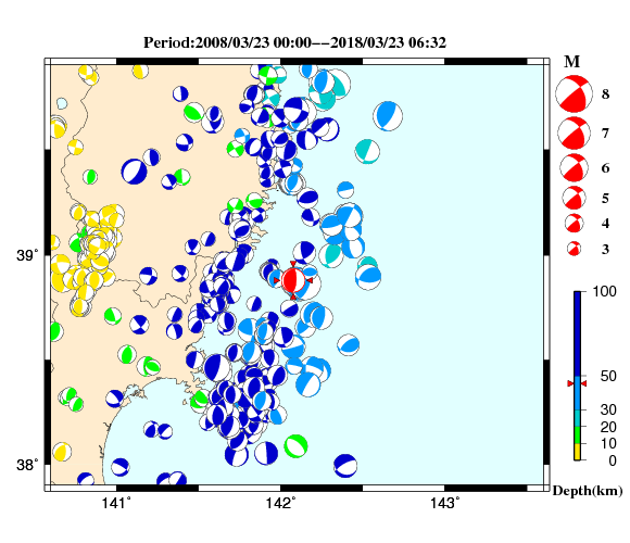 過去に起きた地震の初動発震機構解