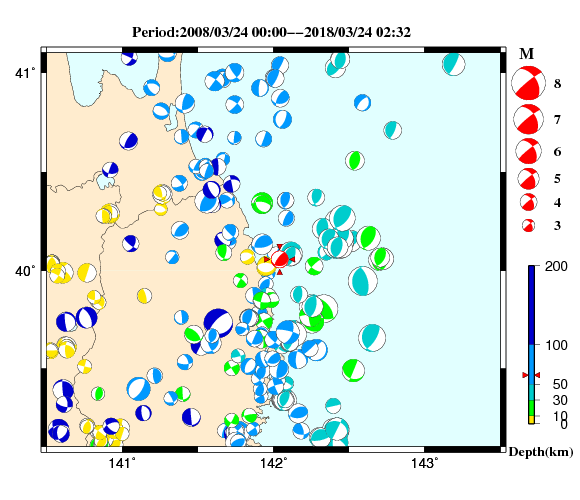 過去に起きた地震の初動発震機構解