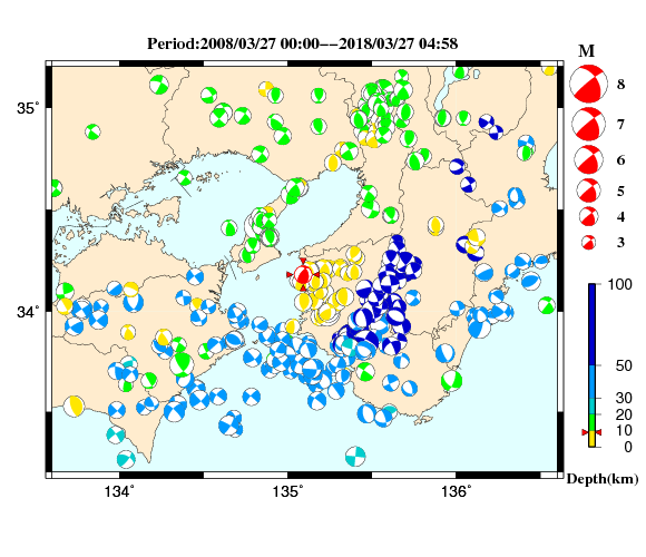 過去に起きた地震の初動発震機構解