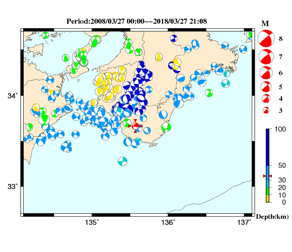 過去に起きた地震の初動発震機構解