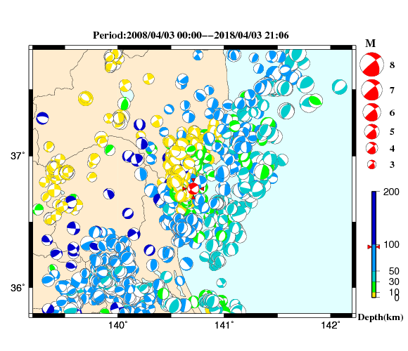 過去に起きた地震の初動発震機構解