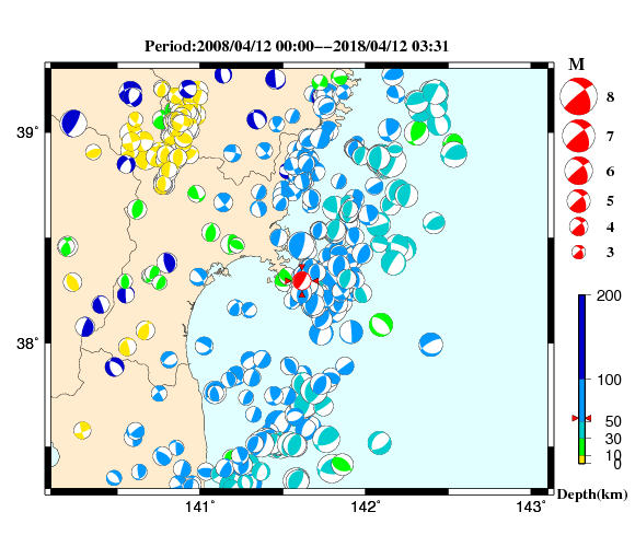過去に起きた地震の初動発震機構解
