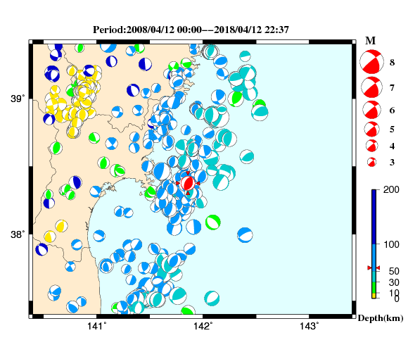 過去に起きた地震の初動発震機構解