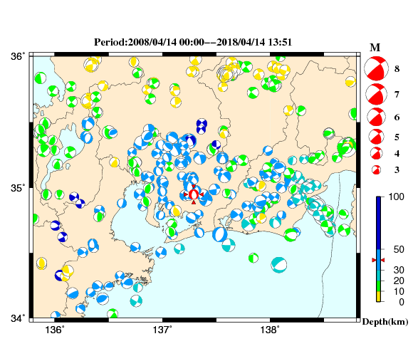 過去に起きた地震の初動発震機構解