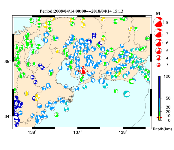 過去に起きた地震の初動発震機構解