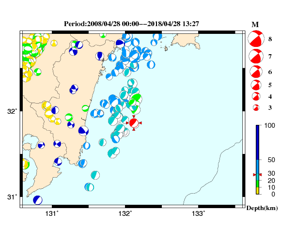過去に起きた地震の初動発震機構解