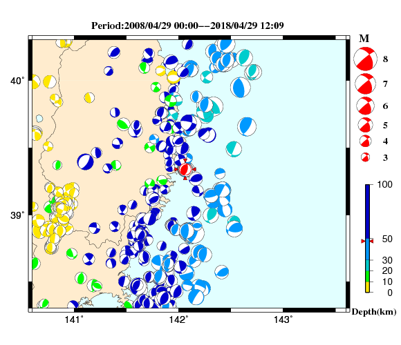 過去に起きた地震の初動発震機構解