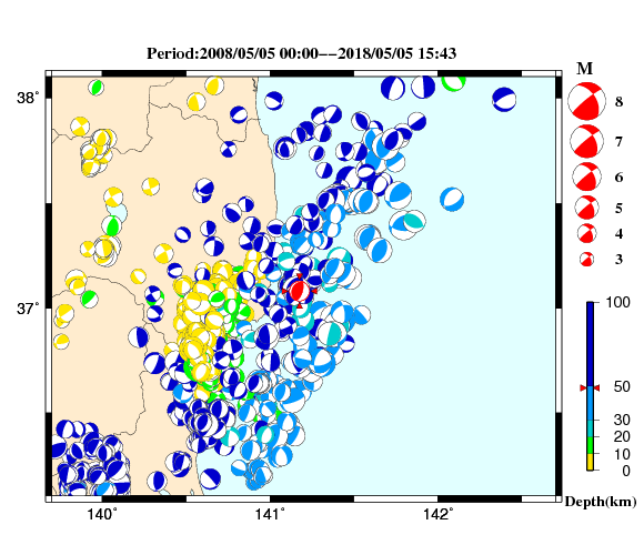 過去に起きた地震の初動発震機構解