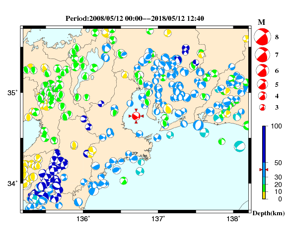 過去に起きた地震の初動発震機構解