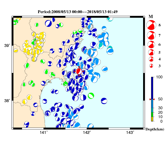 過去に起きた地震の初動発震機構解