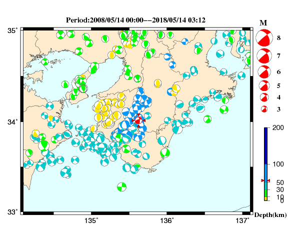 過去に起きた地震の初動発震機構解