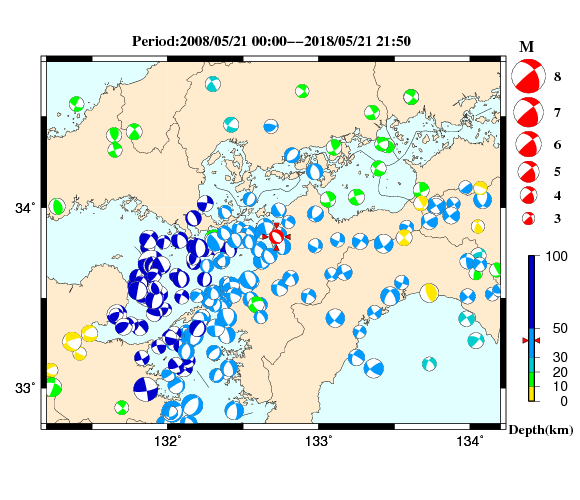 過去に起きた地震の初動発震機構解