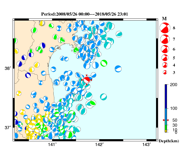 過去に起きた地震の初動発震機構解