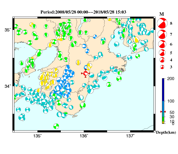 過去に起きた地震の初動発震機構解