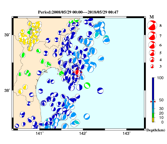 過去に起きた地震の初動発震機構解