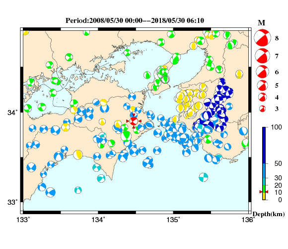 過去に起きた地震の初動発震機構解