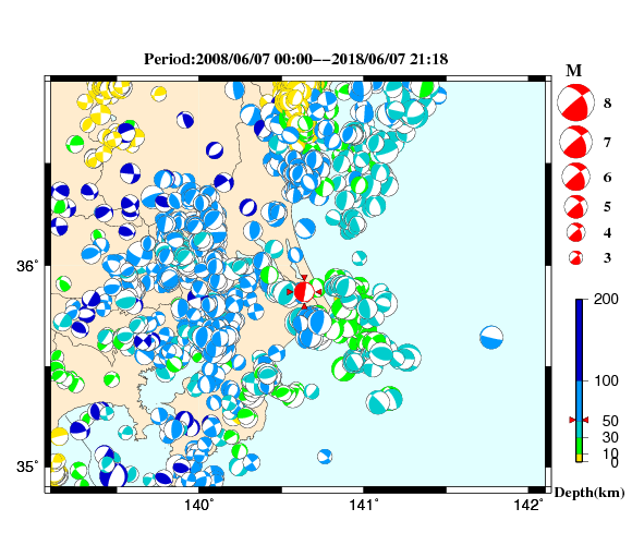 過去に起きた地震の初動発震機構解