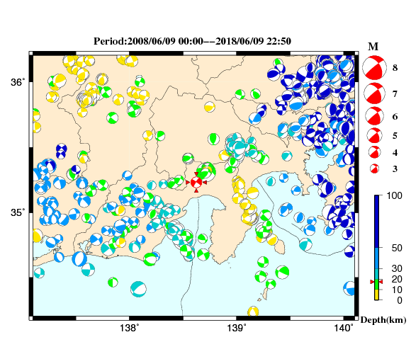 過去に起きた地震の初動発震機構解
