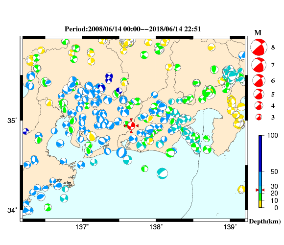 過去に起きた地震の初動発震機構解