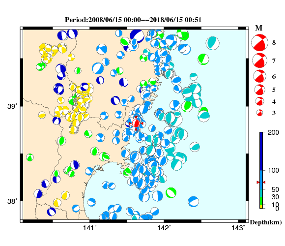 過去に起きた地震の初動発震機構解