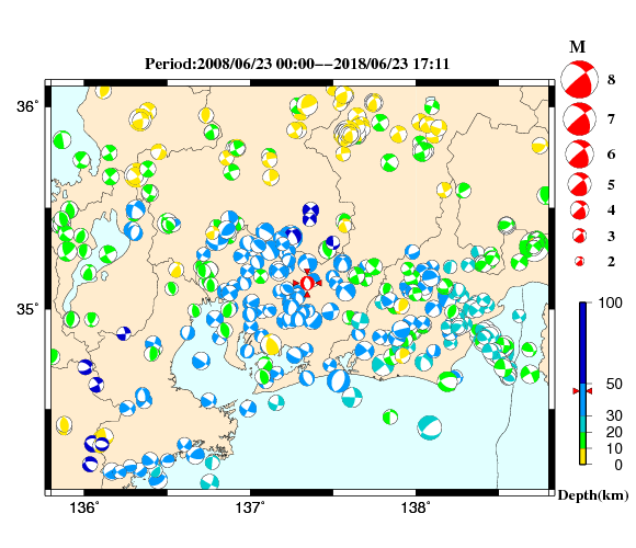 過去に起きた地震の初動発震機構解
