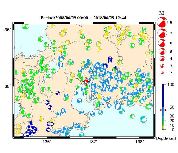 過去に起きた地震の初動発震機構解