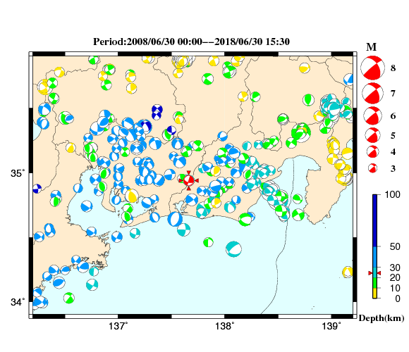 過去に起きた地震の初動発震機構解