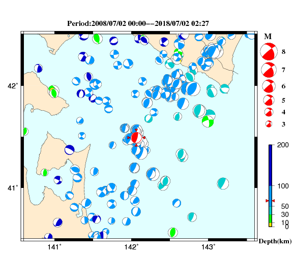 過去に起きた地震の初動発震機構解