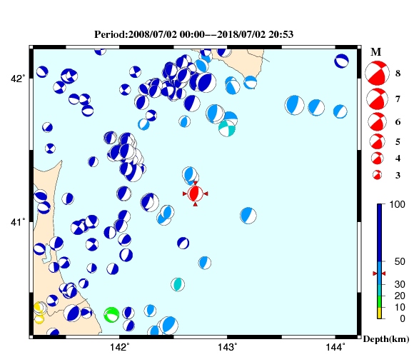 過去に起きた地震の初動発震機構解