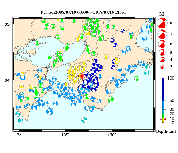 過去に起きた地震の初動発震機構解