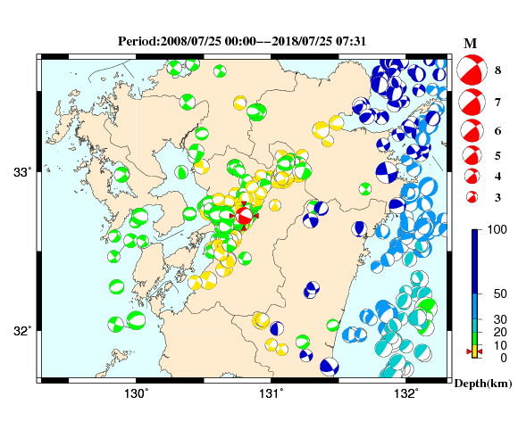過去に起きた地震の初動発震機構解