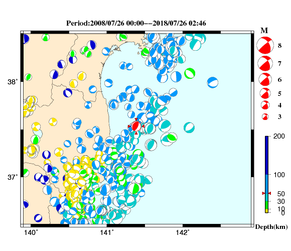 過去に起きた地震の初動発震機構解